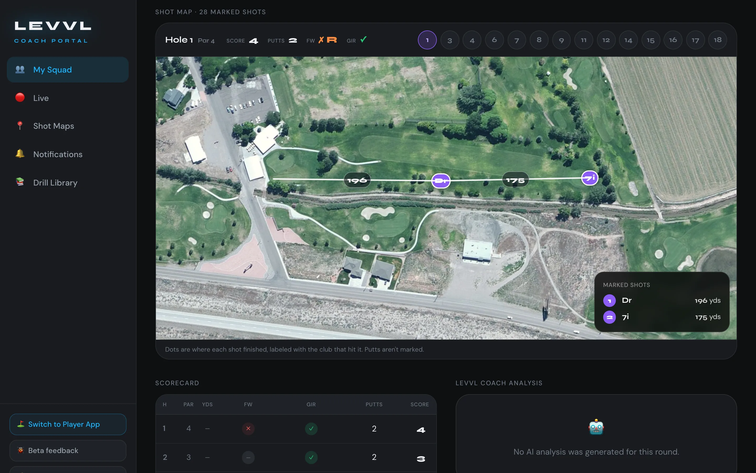 LEVVL coach portal shot map on satellite imagery