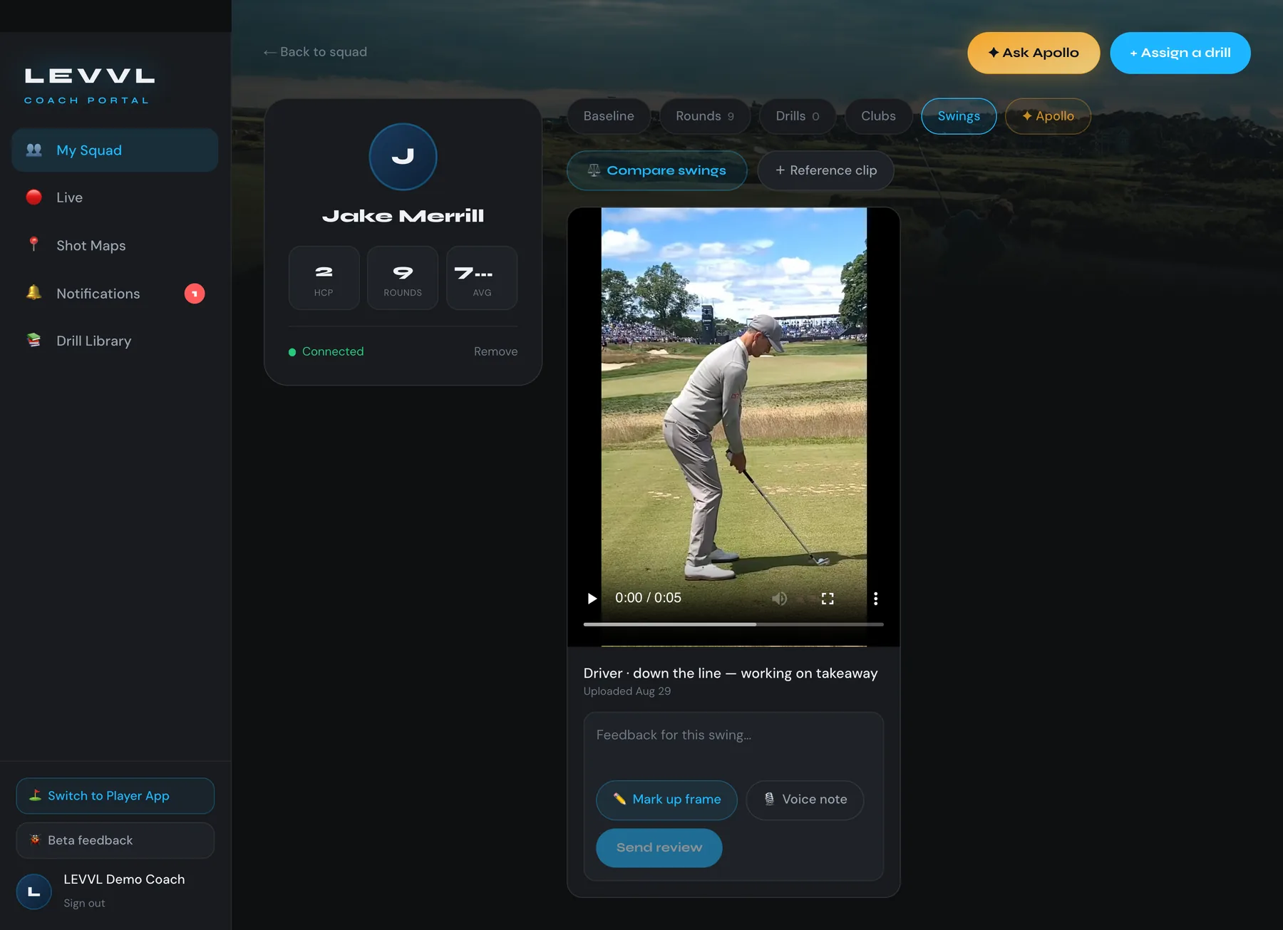 Swing Lab with player video and coach markup tools