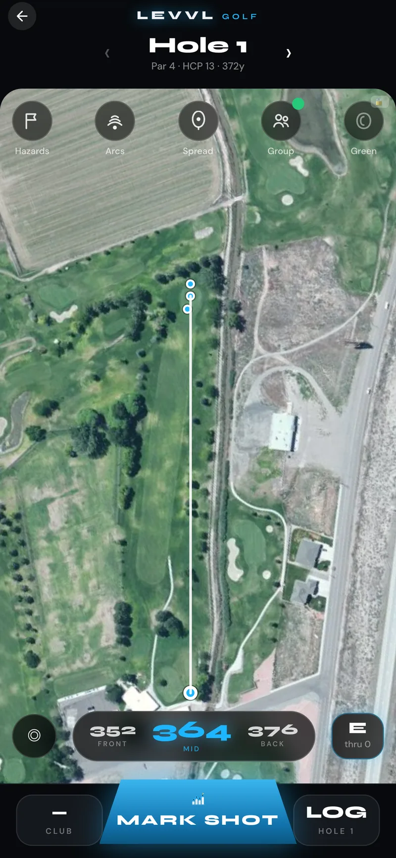 LEVVL on-course GPS mid-round with yardages and Mark Shot